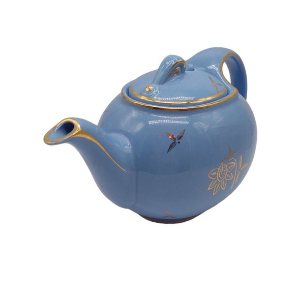 Tea Pot Hall Cadet Blue 1940s Hooked Lid Gold Trim 6 Cup - Picture 2 of 11